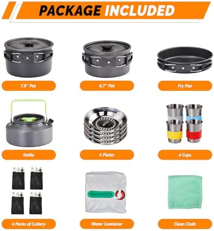 ROVSUN 34 pcs Camping Cookware Mess Kit, Lightweight Non-Stick Camping Cooking Pot and Pan Set with Stainless Steel Camping Gear Kettle Cup for Open Fire, Backpacking, Outdoor Cooking