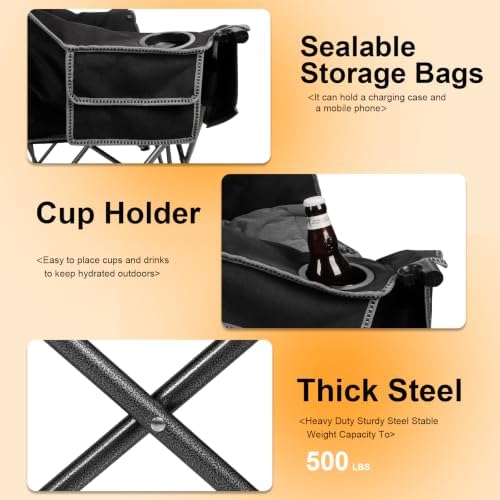 Northroad Heated Folding Loveseat Camping Chair Portable Double Duo Full Padded Garden Chair for 2 Person w/ 2 Cup Holder,Wine Glass Holder,Mesh Storage (Battery NOT Included)