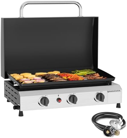 SKOK 3 Burners Outdoor Tabletop Gas Griddle with Hood, Flat Top Grill