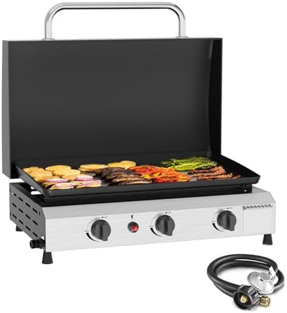 SKOK 3 Burners Outdoor Tabletop Gas Griddle with Hood, Flat Top Grill