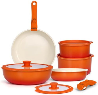 GIPP 11pcs Pots and Pans Set Non Stick, Nonstick Cookware Set Detachable Handle, Ceramic Pots for Cooking Non Stick with Removable Handle, RV Cookware Set for All Stoves, Orange Gradient