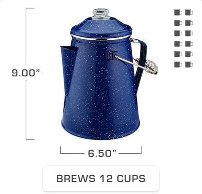 COLETTI Classic Enamel Set Coffee Percolator & Mugs — The Most Nostalgic Camping Coffee Pot, Now Modernized [Blue Enamel, 12 Cup Percolator Coffee Pot & Set of 4 Mugs]