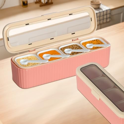 Clear Seasoning Box, 4 Packs Seasoning Rack Spice Pots, Condiment Jars Seasoning Box with Clear Covers and Spoons for Spice, Sugar, Salt, Pepper, Garlic Powder (Pink)