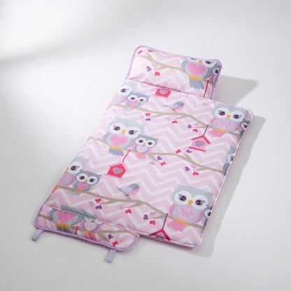 EVERYDAY KIDS Nap Mat with Removable Pillow - Carry Handle with Straps Closure, Rollup Design, Soft Microfiber for Preschool, Daycare, Travel Sleeping Bag - Sweet Owls