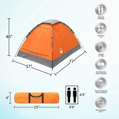 2-Person Dome Tents Bundle- Orange & Yellow- Easy Set Up Shelter with Rain Fly and Carry Bag for Camping, Hiking, Festivals by Wakeman Outdoors