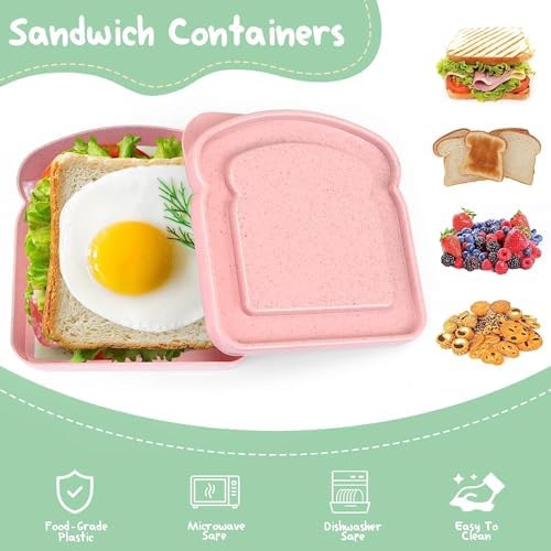 Sandwich Containers, Sandwich Containers for Lunch Boxes, Reusable Plastic Food Storage Sandwich Box with Lid, BPA Free, Microwave Safe, for Family Adults for Office, Camping (White & Pink)