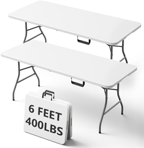 6FT Folding Table, Heavy Duty Plastic Fold-in-Half Utility Table with Handle, Portable Camping Picnic Table with Steel Legs for Indoor Outdoor Party, Dining, White,2 Pack