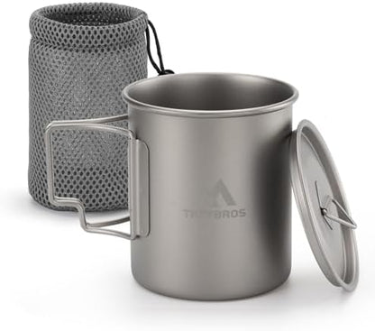 THTYBROS Titanium Cup Ultralight Camping Mug with Foldable Handle & Lid, Pure Titanium Cookware for Outdoor Hiking, Backpacking, Picnic, and Campfire