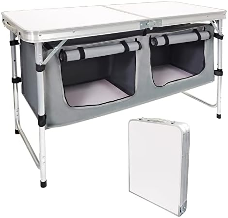 Folding Camping Table with Storage, Adjustable Height