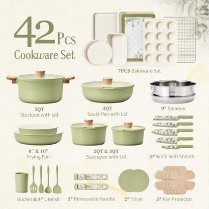 CAROTE 42pcs Ceramic Cookware Set, Pots and Pans Set with Detachable Handle