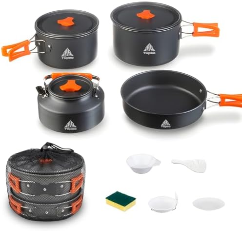 Collapsible Camping Cookware Set, Portable 4-in-1 Outdoor Camping pots and Pans Set with Nonstick Frypan, Pot, Kettle & Carry Bag, Hard-Anodized Aluminum for Camping, Hiking (2-6 Person)
