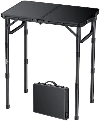 FUNYKICH 2ft Small Folding Camping Table(22.8'' Lx15.7'' W), 3 Height Adjustable Portable Picnic Table, Lightweight Aluminum Outdoor Table with Carry Handle for Camping, BBQ, Beach, Picnic, Black