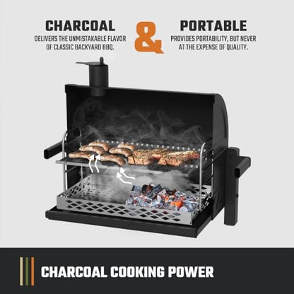Oklahoma Joe's Rambler Portable Tabletop Charcoal Grill, 218 Sq. In. Cooking Space, Heavy-Duty Steel Construction, Cast Iron Grates, Built-In Temperature Gauge