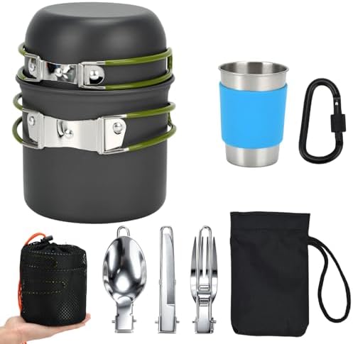Camping Backpacking Cooking Set, 8pcs Camping Mess Kit Cookware Pot and 170ML Stainless Steel Cup & Fork Spoon Backpacking Cookware Set for Camping Hiking Picnic Outdoor Cooking
