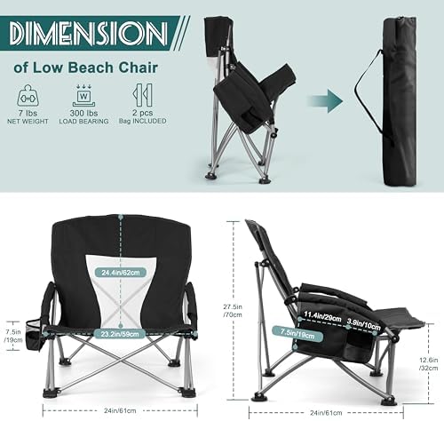 HaSteeL Low Beach Chairs for Adults, Lightweight Camping Folding Chair with Carrying Bag, Portable for Outdoors Lawn Backyard Patio RV Trip Fishing Sport Tailgating, Support 300LBS, Black, 2 Pack