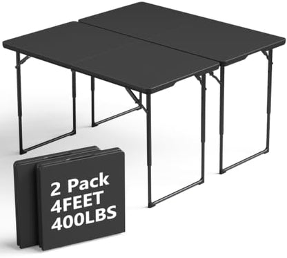 4FT Folding Table, 2 Pack Height with Built in Handle, Heavy Duty Fold-in-Half Portable Table, 400 lbs Capacity Foldable Table for Party Dining Camping Events Picnic Outdoor Indoor Use