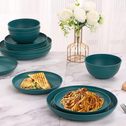 Green Unbreakable Plates and Bowls Sets Microwave and Dishwasher Safe,Dark Green Dinnerware Sets for 8,Christmas Reusable Plastic Dishes Set Lightweight for Elderly Kitchen Adults Camping Outdoor