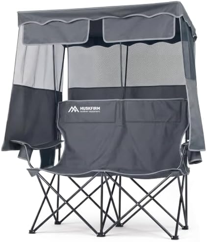 Double Camping Chair with Canopy,2 Person Folding Chair with Canopy, Grey