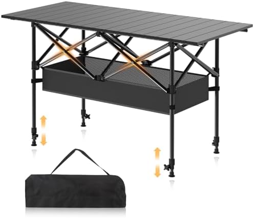 Camping Table Portable, Folding Roll-Up Picnic Table with Carry Bag & Detachable Storage Pockets, Lightweight Outdoor Table for Camping, Backyard, Party, BBQ, Patio