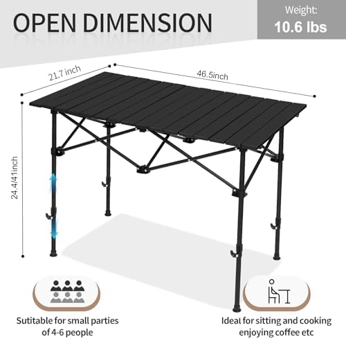 SHANQUAN Folding Camping Table, 46.5 × 21.7 Inches Portable Camp Table Aluminum Fold Up Lightweight Roll Up Table Adjustable Height with Carry Bag for Camping, Picnic, Backyard, BBQ, Patio, Black