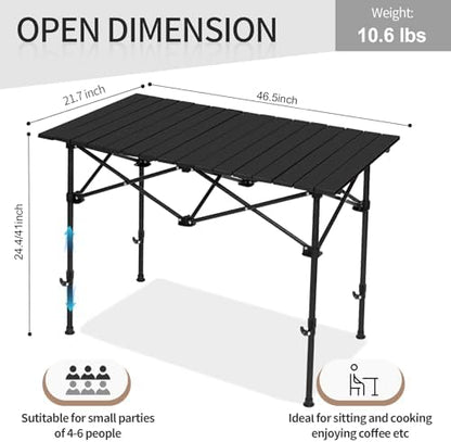 SHANQUAN Folding Camping Table, 46.5 × 21.7 Inches Portable Camp Table Aluminum Fold Up Lightweight Roll Up Table Adjustable Height with Carry Bag for Camping, Picnic, Backyard, BBQ, Patio, Black