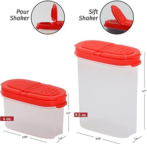 SIGNORA WARE Spice Jars with Lids -8 and 4 oz Refillable Empty Airtight Spice/Seasoning Containers Set -2 in 1 Pour/Sift Shaker Lids Clear Plastic Spice/Seasoning Organizer Kitchen/Travel 8 pk.Red