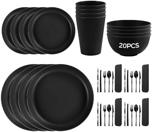 20 Pcs Wheat Straw Dinnerware Set for 4-6 People, Includes Plates, Bowls, Cups and Cutlery, Microwave and Dishwasher Safe, Break-Resistant Stackable Dishes for Home Kitchen, Dorm or Camping