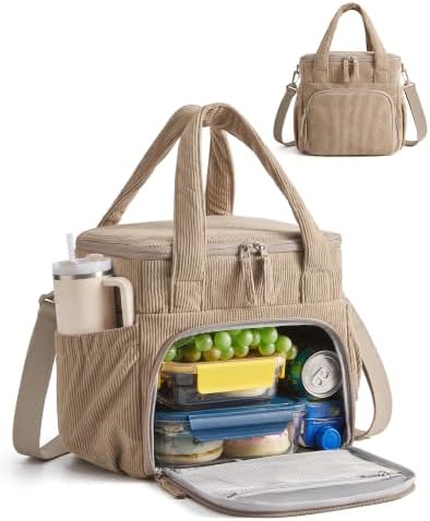 BAGSMART Corduroy Large Lunch Bag Women 14L Double Deck Insulated Lunch Box