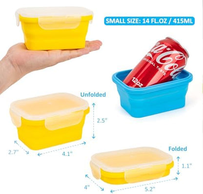 Reusable Silicone Snack Sontainers with Lids, 14oz, Small Collapsible Food Storage Containers for Meal Lunch Small Portion, Stackable, Space Saver for RV, Travel, Microwave Dishwasher Safe, 6 Pack