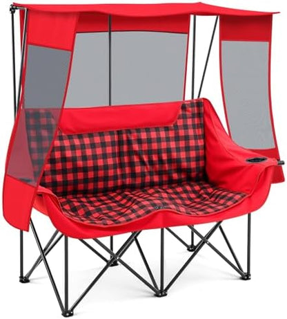 Teenyyou Double Camping Chair with Canopy 660lbs Heavy Duty, Red Plaid