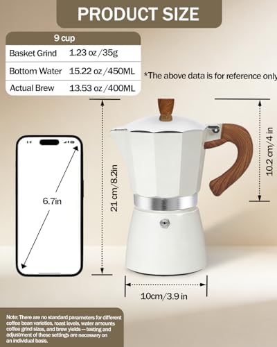 Coffee Maker Stovetop Espresso Maker 9 Cup Aluminum Moka Pot Percolator 15oz 450ml Easy Brewing for Electric Ceramic Stoves Home Camping Italian Cuban Café Classic White