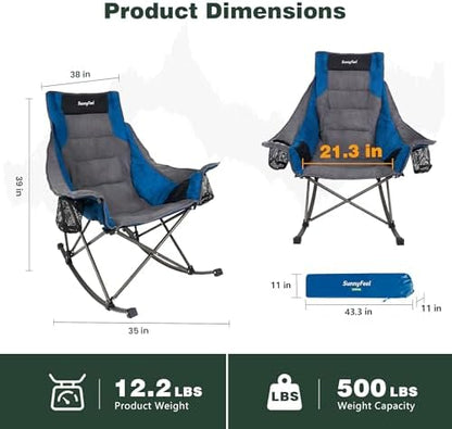 SUNNYFEEL Rocking Camping Chair Fully Padded Patio Folding Chair Portable Oversized Outdoor Rocker High Back Lawn Recliner with Side Pocket Camp Rocker Chairs for Adults Heavy Duty 500 LBS Blue