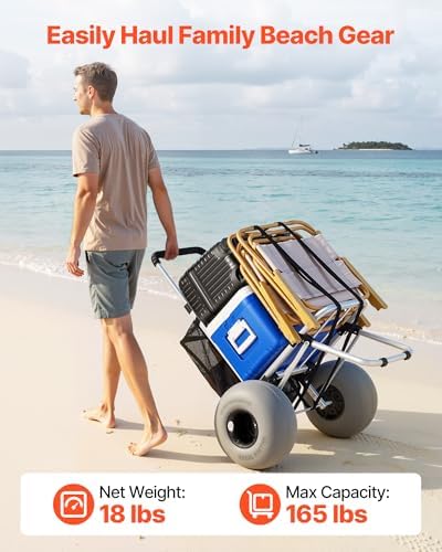 VEVOR Beach Dolly with Big Wheels for Sand, 20" x 15" Cargo Deck, Folding Sand Cart with 12" Balloon Wheels, 165 lbs Loading Capacity & 34" to 46" Adjustable Height, Heavy Duty Cart for Beach Camping