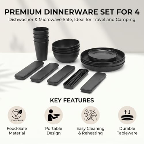 Luocute Dinnerware Set for 4, 12 Pieces Reusable Plates and Bowls Sets Microwave and Dishwasher Safe, with Cutlery Set, for Travel Camping Kitchen
