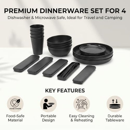 Luocute Dinnerware Set for 4, 12 Pieces Reusable Plates and Bowls Sets Microwave and Dishwasher Safe, with Cutlery Set, for Travel Camping Kitchen