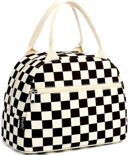 FlowFly Lunch Bag for Women Insulated Lunch Box Corduroy Lunch Tote Cooler for Travel Work Picnic,Corduroy Plaid Black