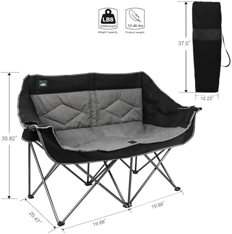 Northroad Folding Loveseat Camping Chair Portable Double Duo Full Padded Garden Chair for 2 Person Sofa w/ 2 Cup Holder,Wine Glass Holder,Mesh Storage,Support 500lbs for Picnic Beach Travel