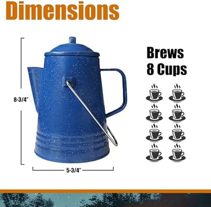 GRIP Coffee Percolator (Blue) - Durable Glazed Enamel Steel - Prepare Coffee Over the Fire - Camping, Hiking, Backpacking, Fishing, Hunting - (8 Cups)
