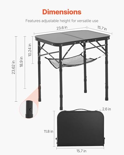 VEVOR Folding Camping Table, Adjustable Height Aluminum MDF Outdoor Portable Lightweight, for Cooking, Beach, Picnic, Travel, 24 x 16 inch
