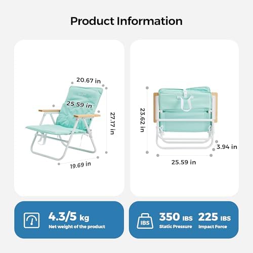SUNNYFEEL Foldable Beach Chair, Beach Chair Backup with Wood Armrest & Cushion, Lightweight Camping Chair Heavy Duty for Beach, Camping, Lawn, Outdoor, Mint Green, 2 p