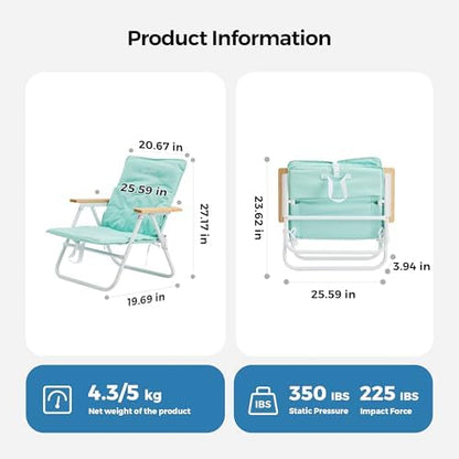 SUNNYFEEL Foldable Beach Chair, Beach Chair Backup with Wood Armrest & Cushion, Lightweight Camping Chair Heavy Duty for Beach, Camping, Lawn, Outdoor, Mint Green, 2 p
