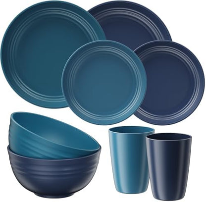 Quatish 8 Pcs Plates and Bowls Sets, Plastic Dinnerware Sets for 2, Blue
