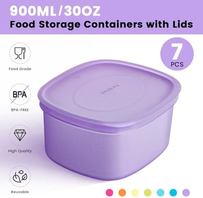 7-Piece Meal Prep Containers — 3.8-Cup Reusable Airtight Plastic Food Storage Containers with Lids, BPA-Free, Microwave/Freezer/Fridge Safe, Stackable Lunch & Leftovers Organizer(900ml)