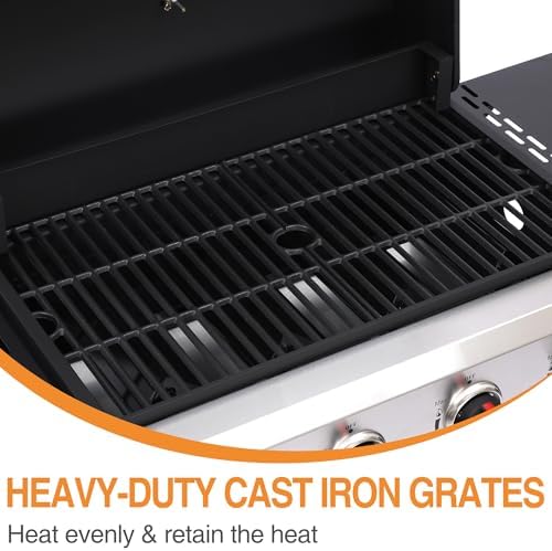 4 Burner Propane Gas Grill, Portable BBQ Grill with Cast Iron Grate & Griddle Pan, Folding Side Table for Camping Backyard, 40000 BTU Easy-Clean Outdoor Cooking