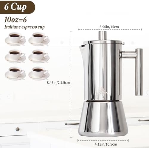 LAOION Stovetop Espresso Maker, 6Cup 10 oz Moka Pot, Stainless Steel