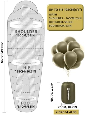 Bessport Mummy Sleeping Bag | 15-45 ℉ Extreme 3-4 Season Sleeping Bag for Adults Cold Weather– Warm and Washable, for Hiking Traveling & Outdoor Activities