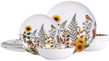 12-Piece Melamine Dinnerware - Sunflower Bird Plates and Bowls Set