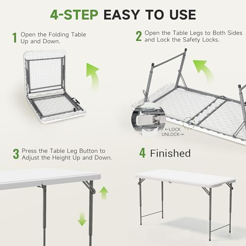 Folding Table 4 Foot - 3-Position Adjustable Height, Heavy Duty 400 lbs Capacity - Portable Tables Folding for Camping, Party, Indoor & Outdoor Use, 2 Pack