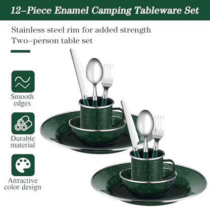 Nuogo 12 Pcs Enamel Camping Tableware Set Dinnerware Kit