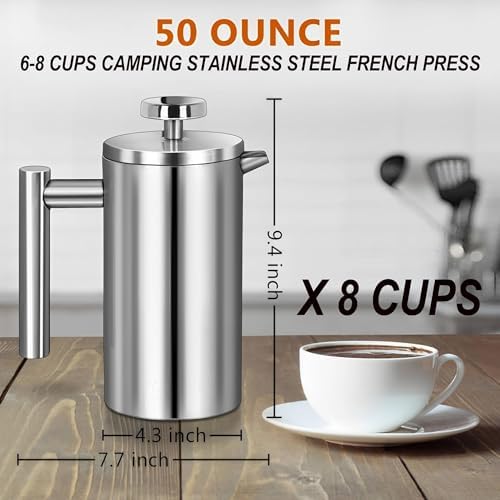 Large French Press Coffee Maker 50oz (1.5L), 304 Stainless Steel Double Wall Insulated Coffee Press for Camping, Backpacking, Party, Travel, Gift Set, Dishwasher Safe (Silver, 6-8 Cups)